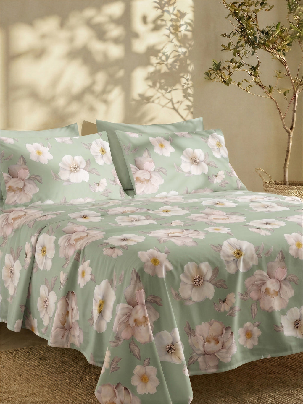 Completo Lenzuola Matrimoniale FILORO "Peonia" — 100% Cotone, Set 6 pezzi, Angoli 30 cm