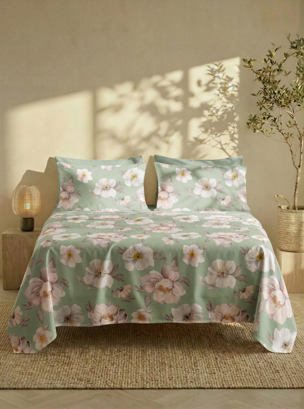 Completo Lenzuola Matrimoniale FILORO "Peonia" — 100% Cotone, Set 6 pezzi, Angoli 30 cm
