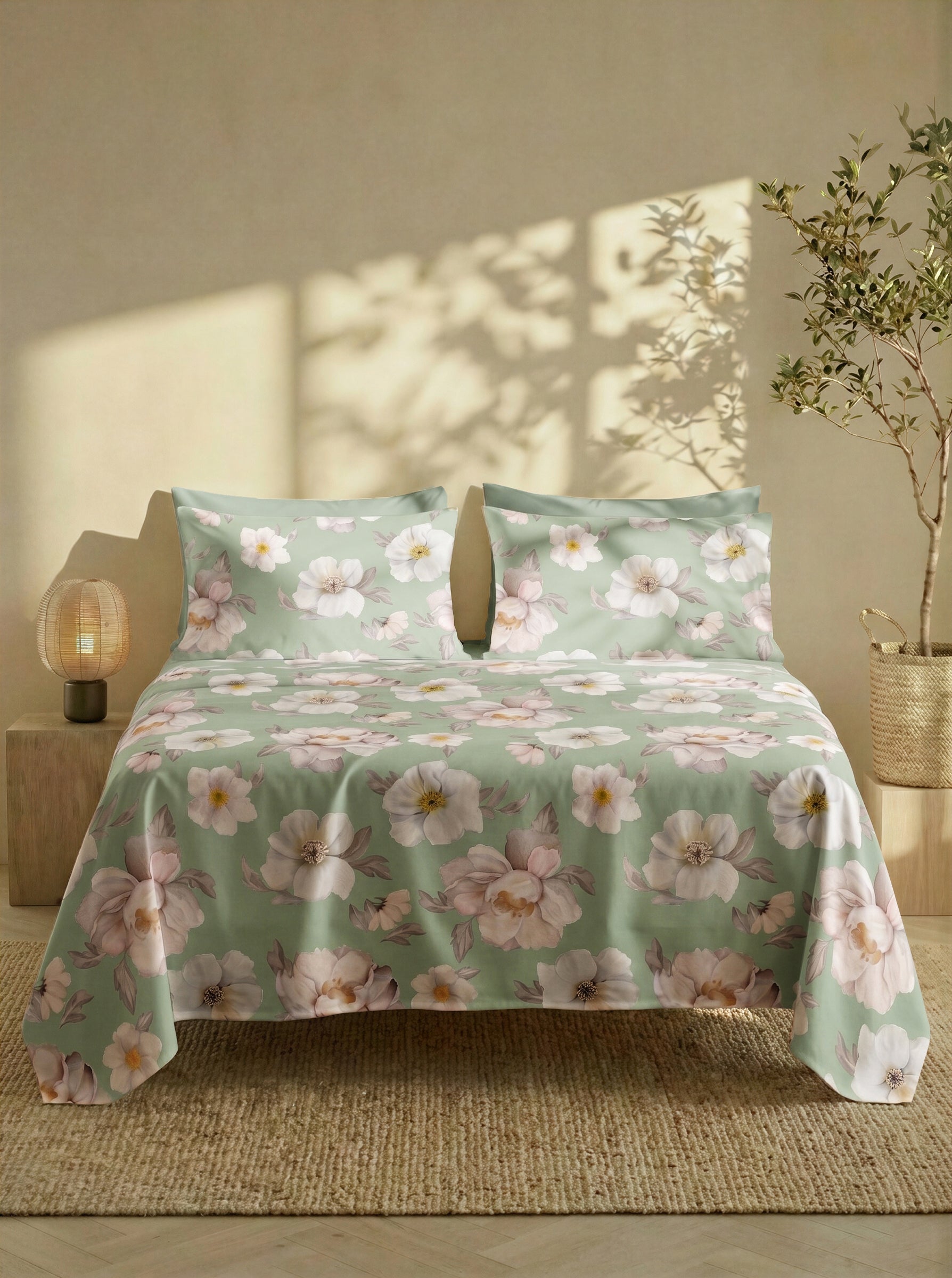 Completo Lenzuola Matrimoniale FILORO "Peonia" — 100% Cotone, Set 6 pezzi, Angoli 30 cm
